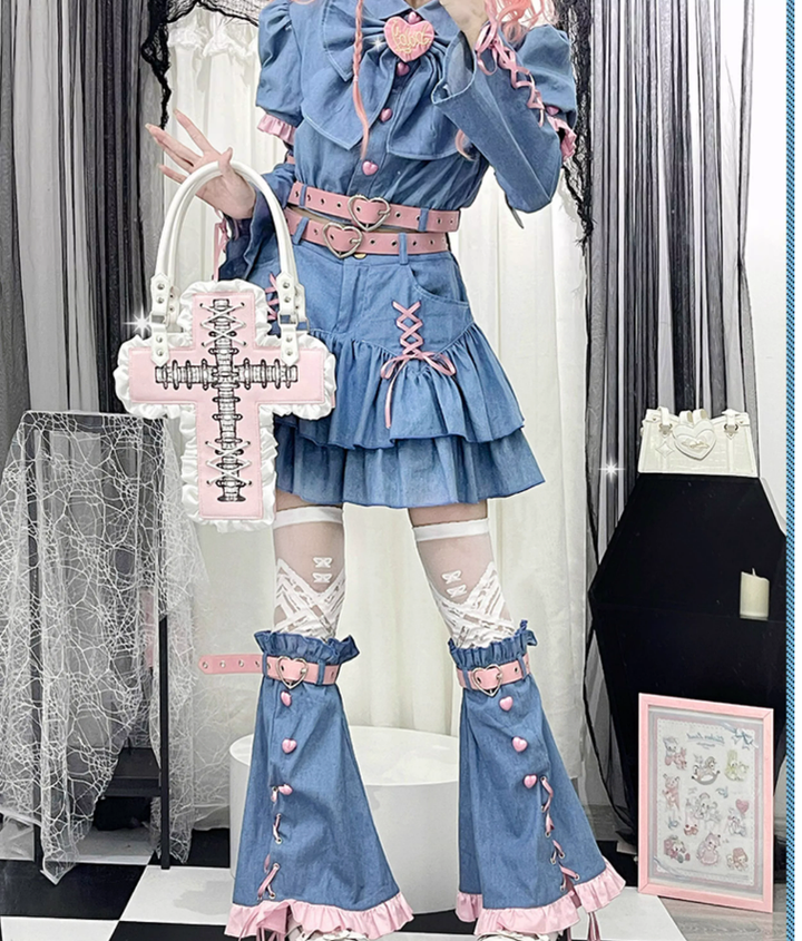 Y2K Denim Skirt Set Gyaru Fashion Blue Black Set 22778:349334