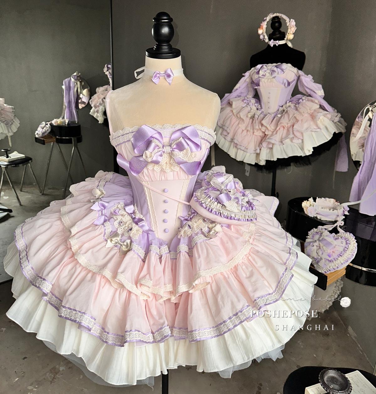 Lolita Dress Set Sweet Violet Pink Puffy Dress Corset Dress 36388:554878
