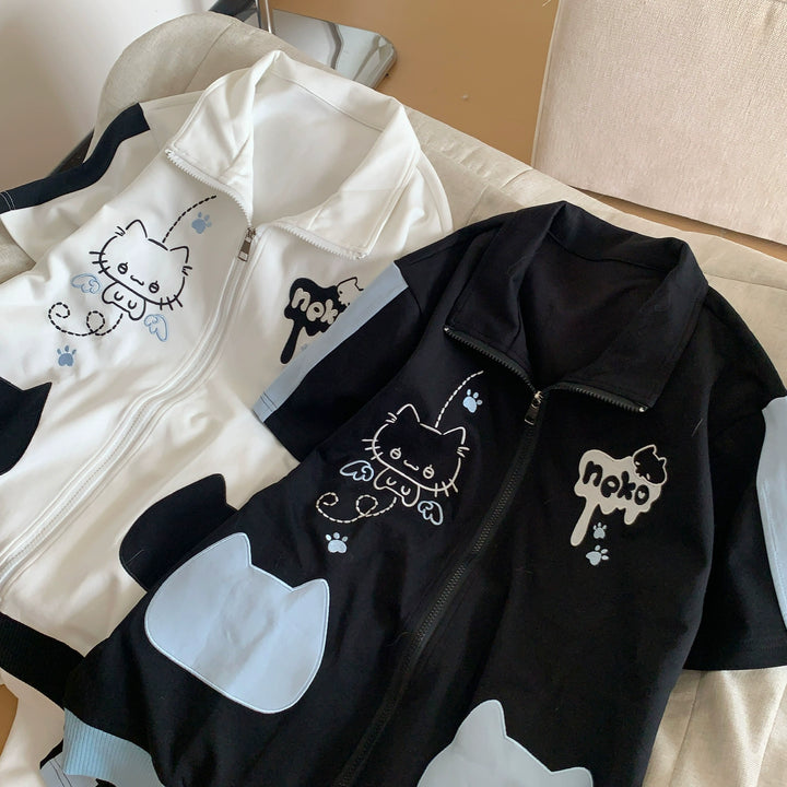 Cat Printed Kawaii Outfit, Zip Up Sweatshirt + Pocketed Shorts 43561:779955