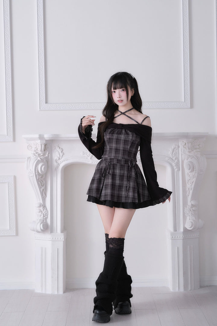 Jirai Kei Plaid Top and Skirt Set, Halter Neckline 44814:822656