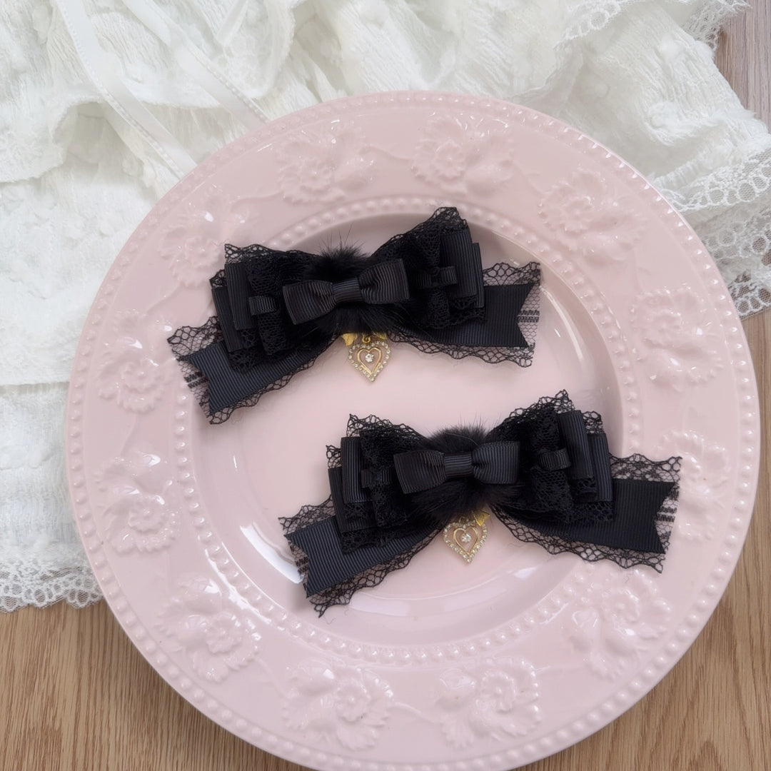 Jirai Kei Layered Bow Hair Clip, Soft Pom-pom 45566:855087