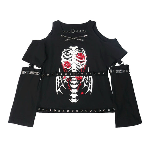 Gothic Black T-shirt Embroidery Detachable Sleeves T-shirt (Black / L M) 35726:502628