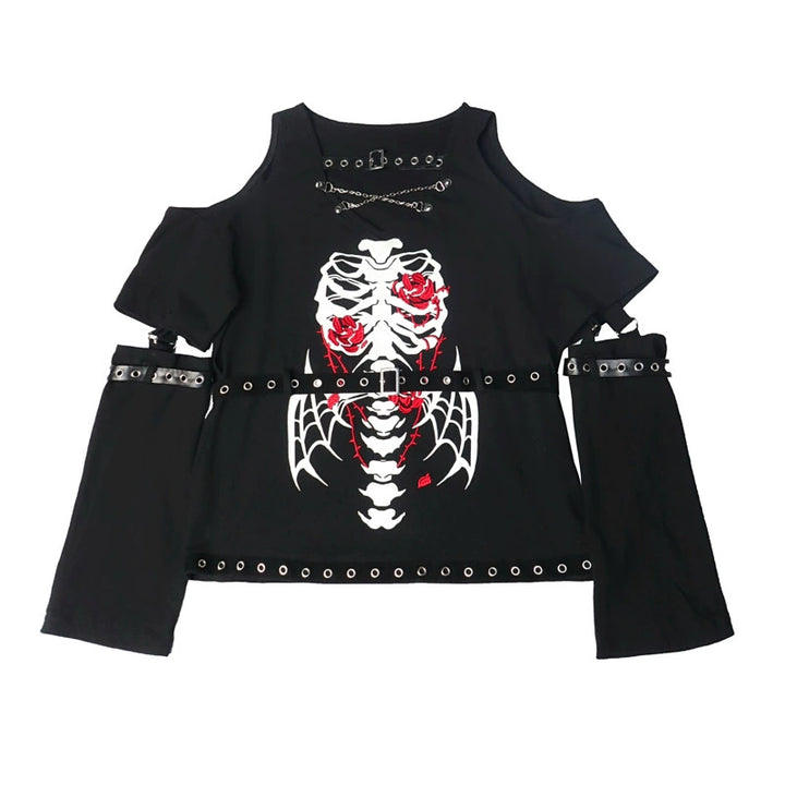 Gothic Skull Embroidered T-Shirt Detachable Sleeves and Leather Buckle (Black / L M) 35726:502628