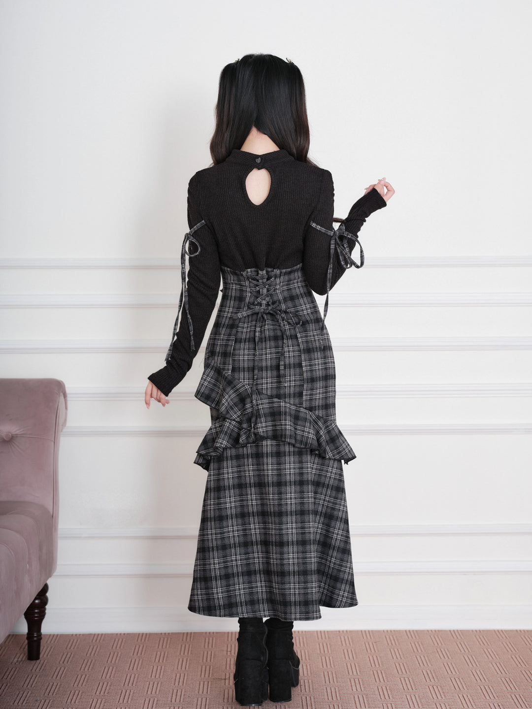 Jirai Kei Plaid Dress, Chest Cutout & Flounce Slit Hem 45956:869342