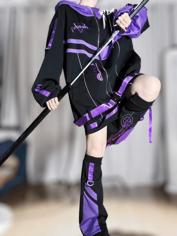 Techwear Hooded Jacket Outfit, Elastic-Waist Shorts 45014:849587