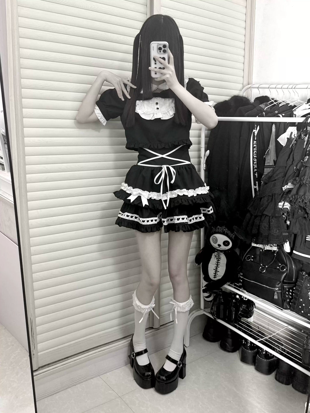 Jirai Kei Striped Blouse and Skirt Set, Pearl-trimmed Collar 45333:848635