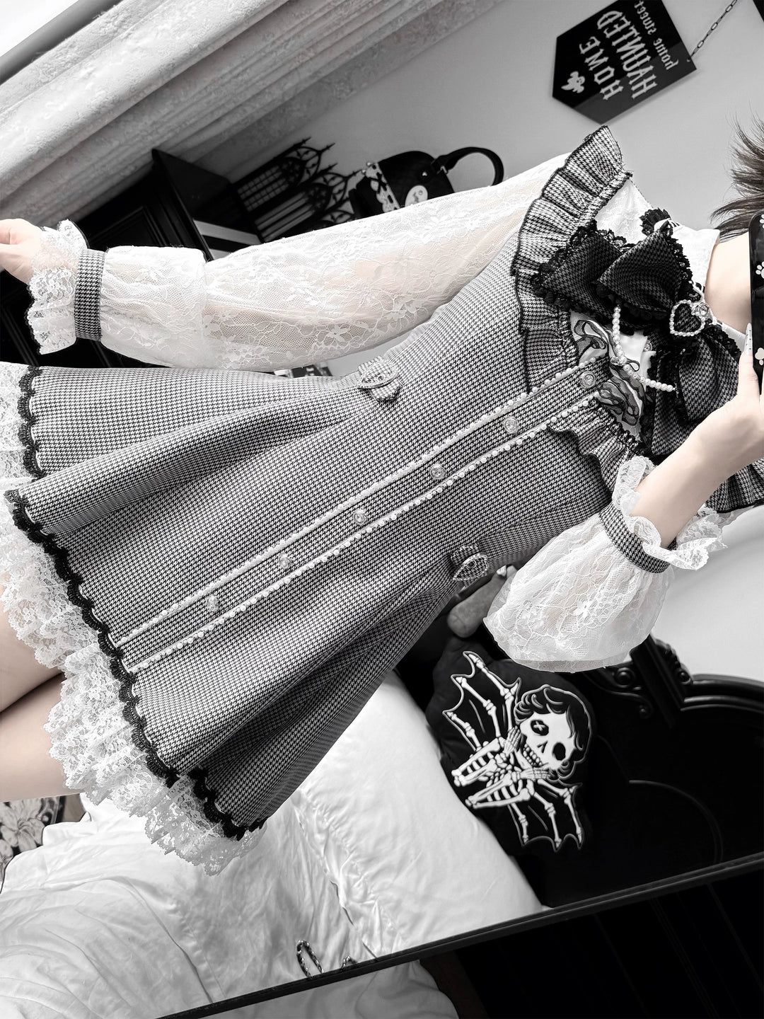 Ryousangata Long-Sleeved Dress Set, Houndstooth & Lace Tulle 46075:874906