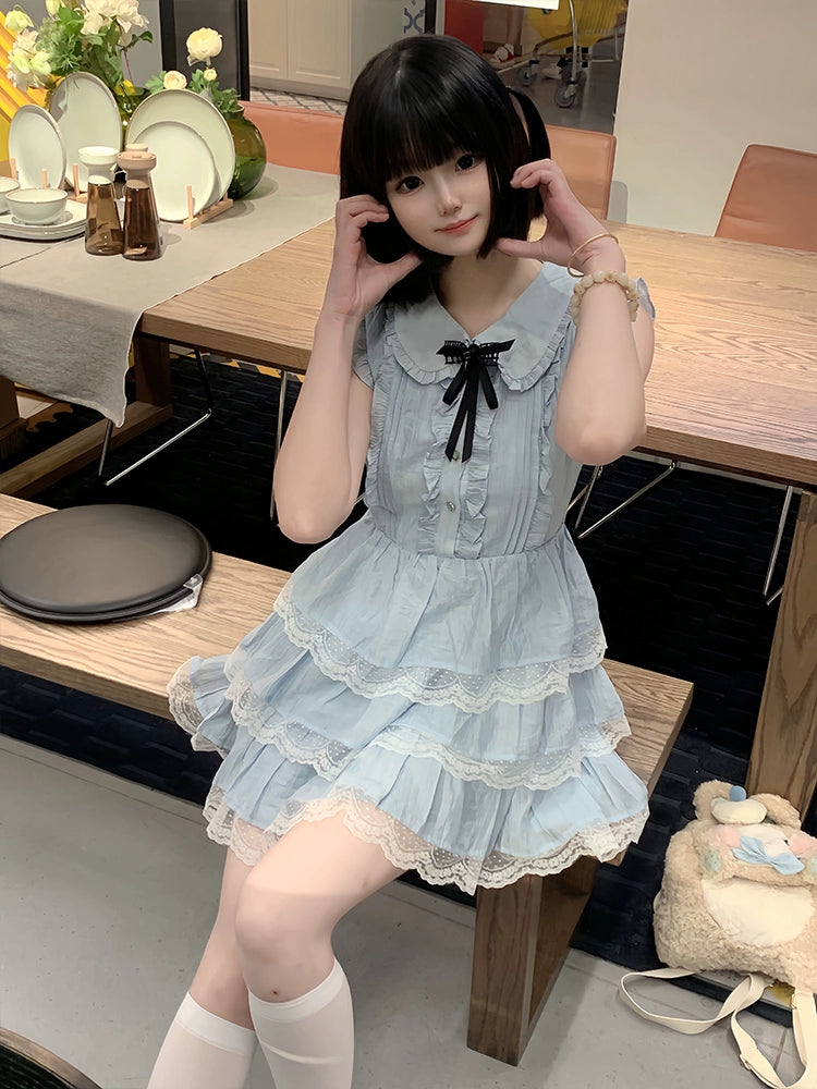 Sweet Style Lace Trim Dress, Tiered Ruffles 43546:779177