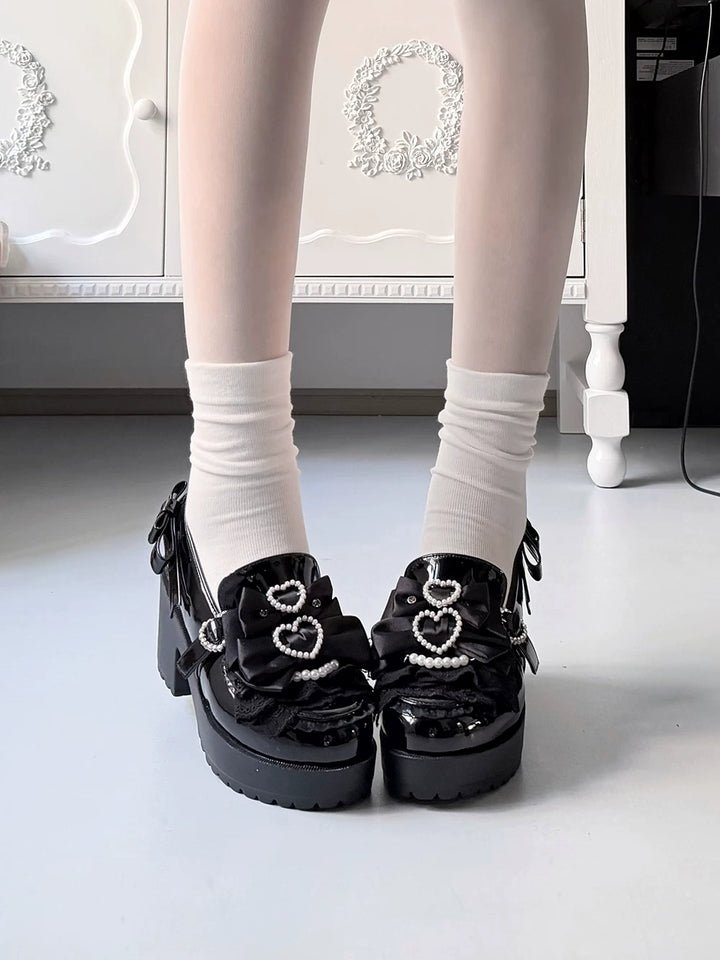Jirai Kei Chunky Heel Slip-on Shoes, Bows and Pearls 45868:866937