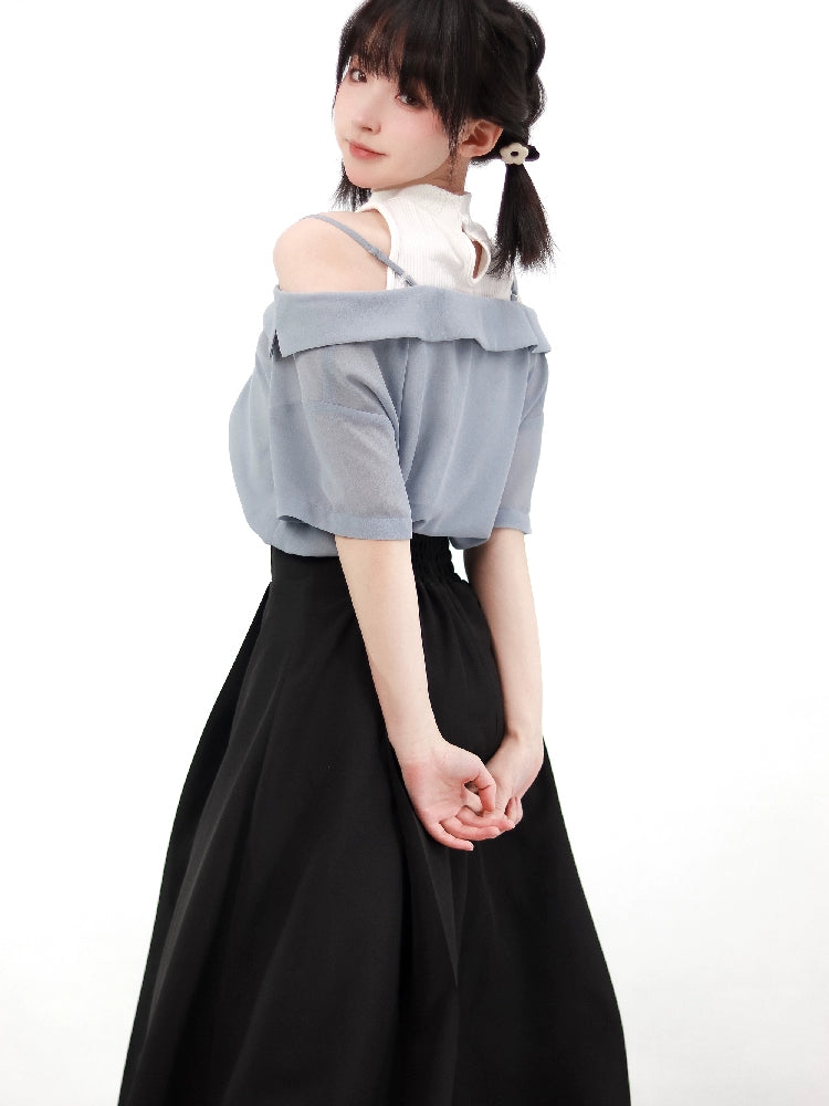 Elegant Outfit Set Chiffon Blouse Suspender Skirt Set 40238:663464