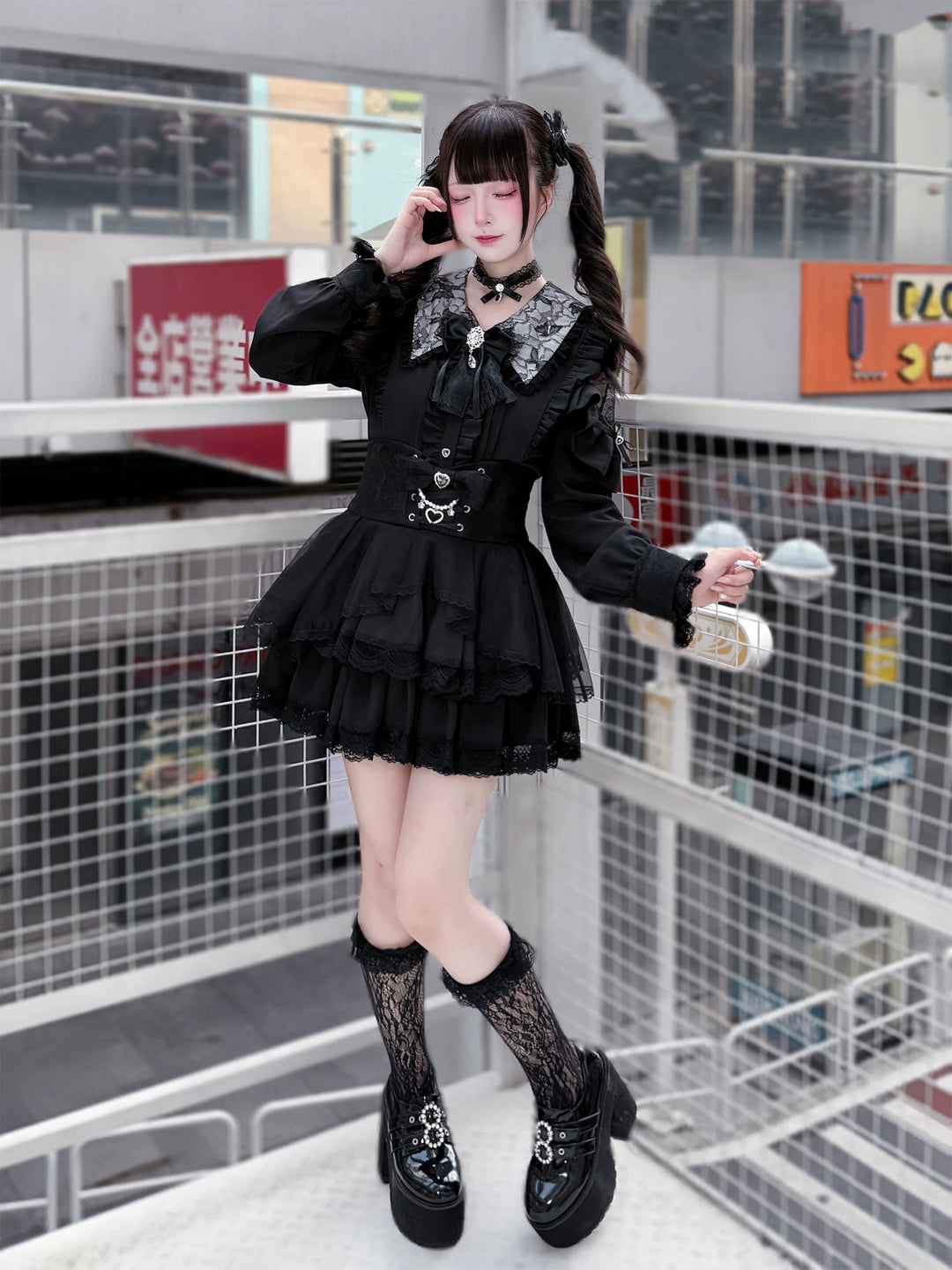 Jirai Kei Long Sleeve Blouse, Lace Open-Shoulder 44588:815065