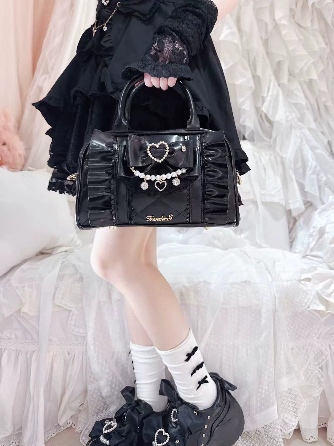 Jirai Kei 2-Way Handbag, Bow-Pearl Side Charm 44558:813624