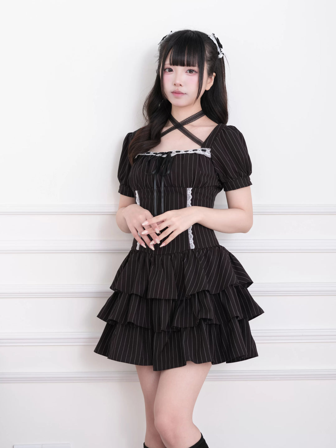 Jirai Kei Striped Halter Dress, Lace and Bow 45722:860219