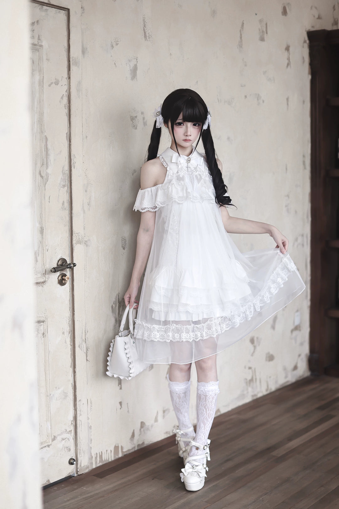White Lace Open Shoulder Dress, Voile Outer Layered 45423:850598