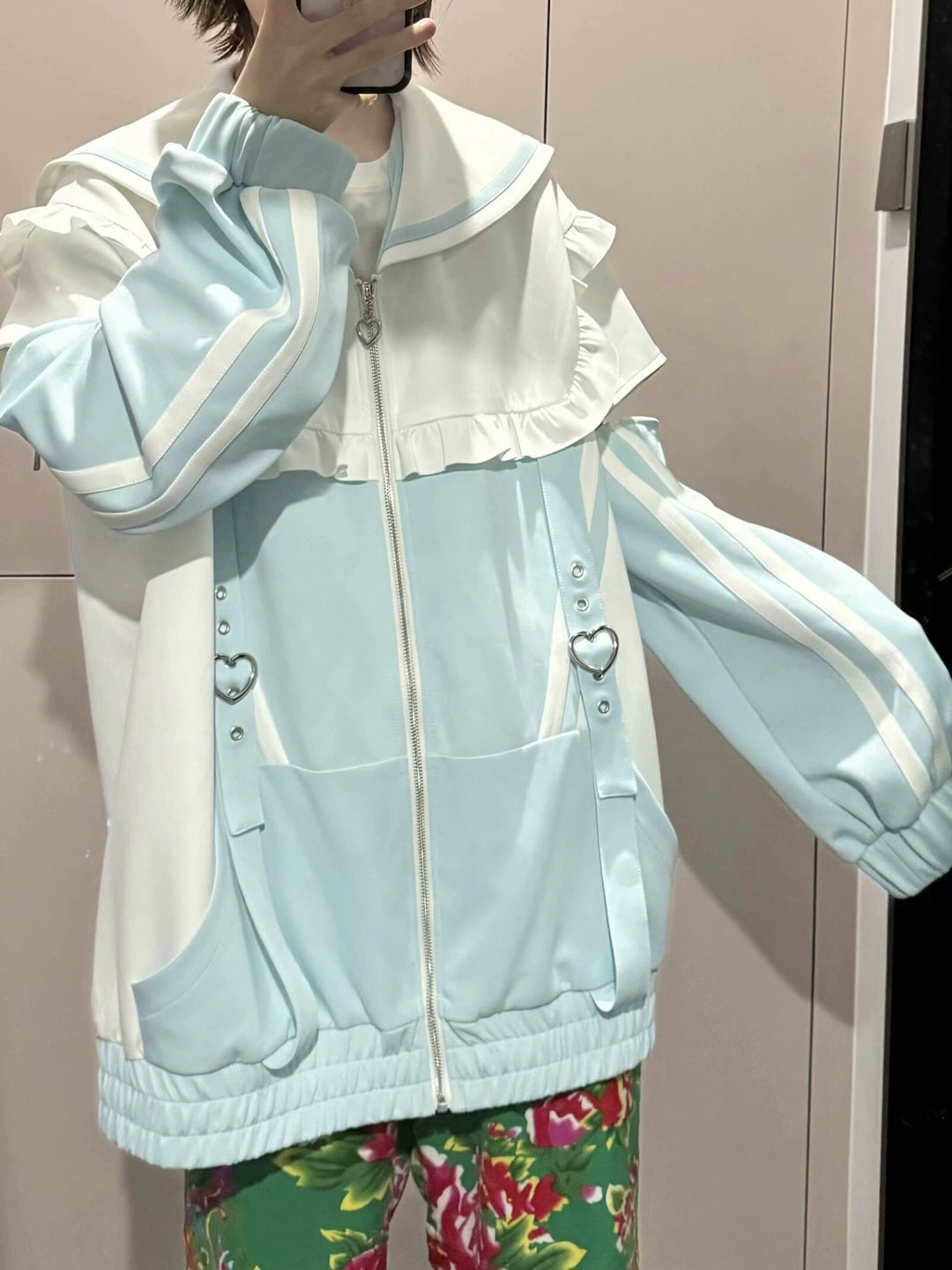 トップス HEIHEI Sailor collar design sweat Tenshi Kaiwai Set Sailor Collar Jacket With Ruffle And Heart
