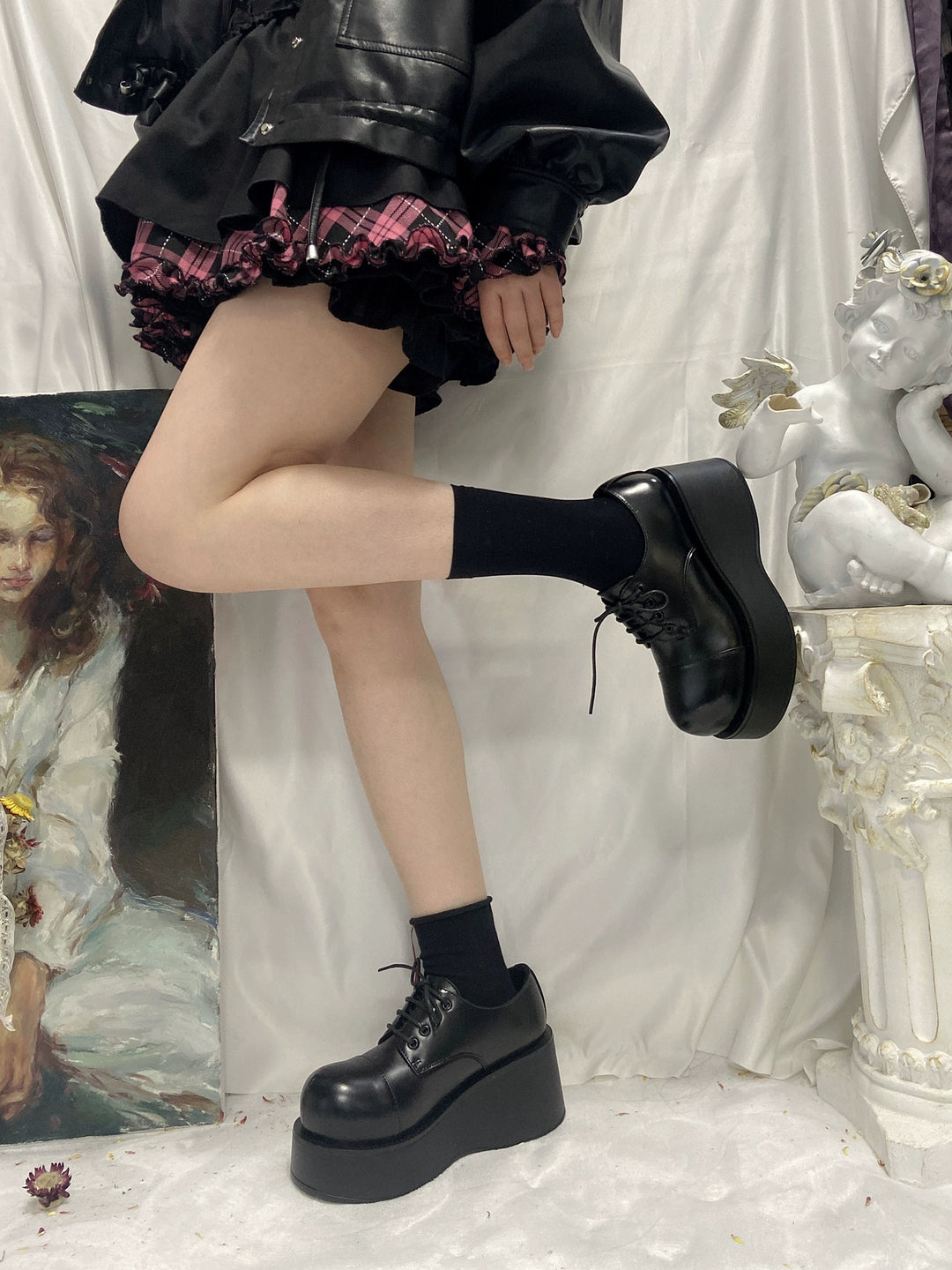 Harajuku Fashion Black Wedge Round-Toe Thick-Sole Shoes 21870:315174