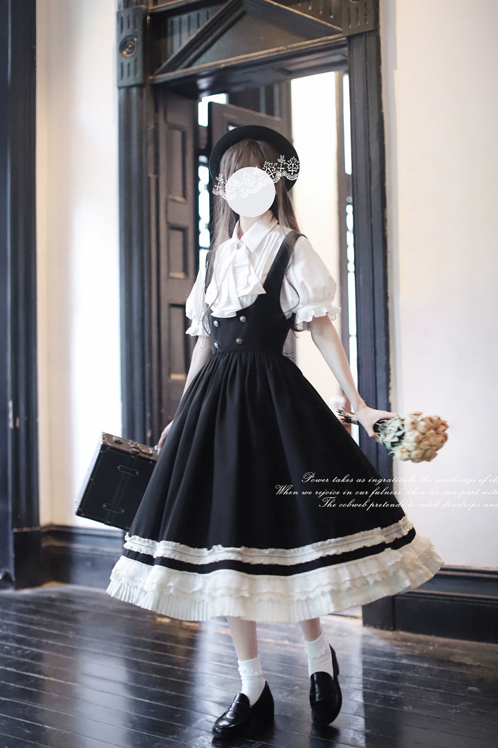 Black Preppy Style Jumper Dress, White Blouse 43508:778719