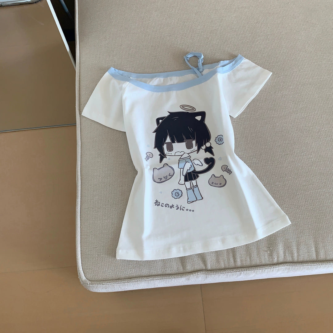 Open-Shoulder Summer Kawaii T-Shirt, Otaku Style Print (L M S) 43559:779907