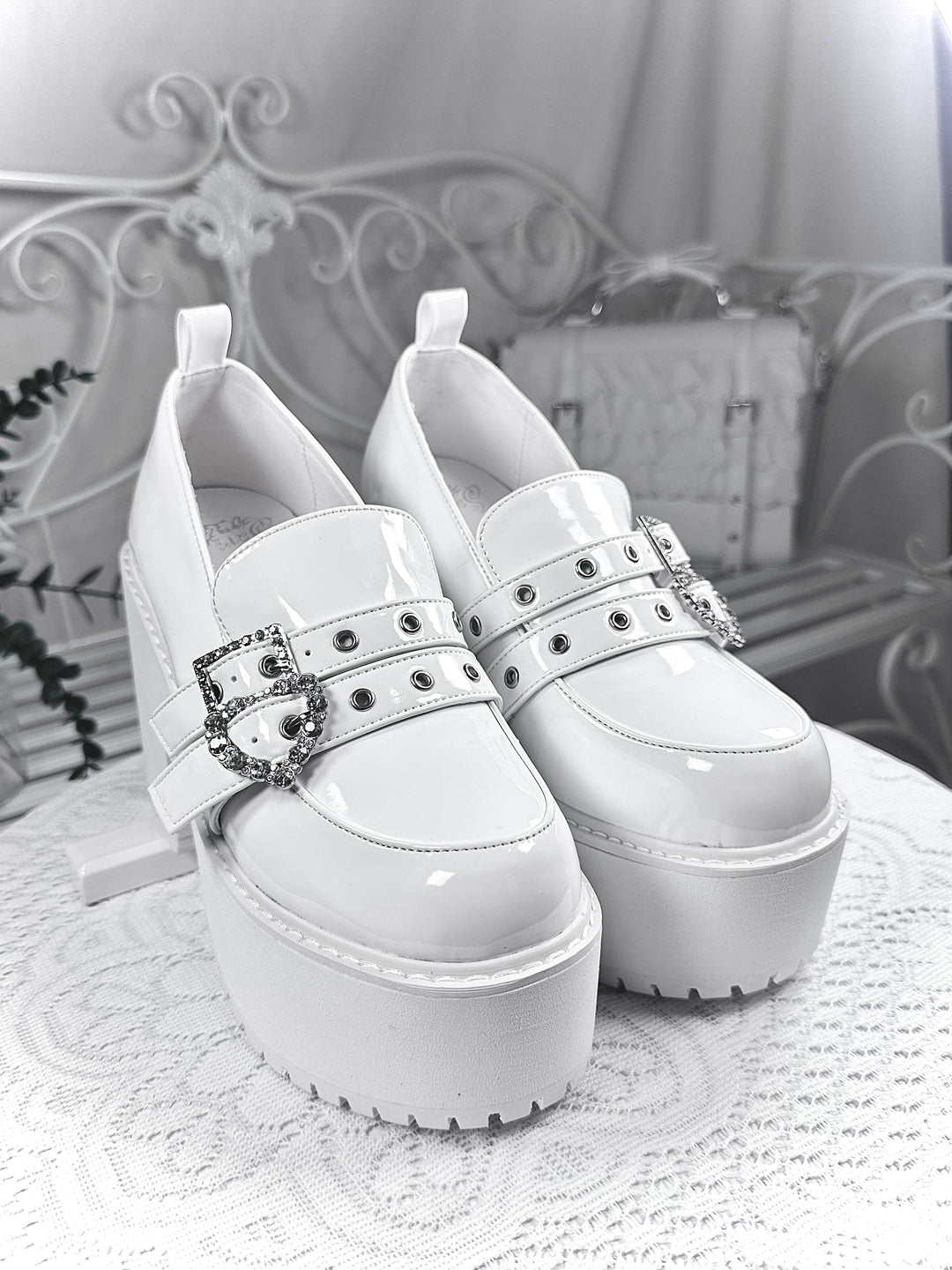 Punk Slip-on Platform Shoes, Heart Rhinestone Buckle Strap (White / 34 35 36 37 38 39 40 41) 45864:867048