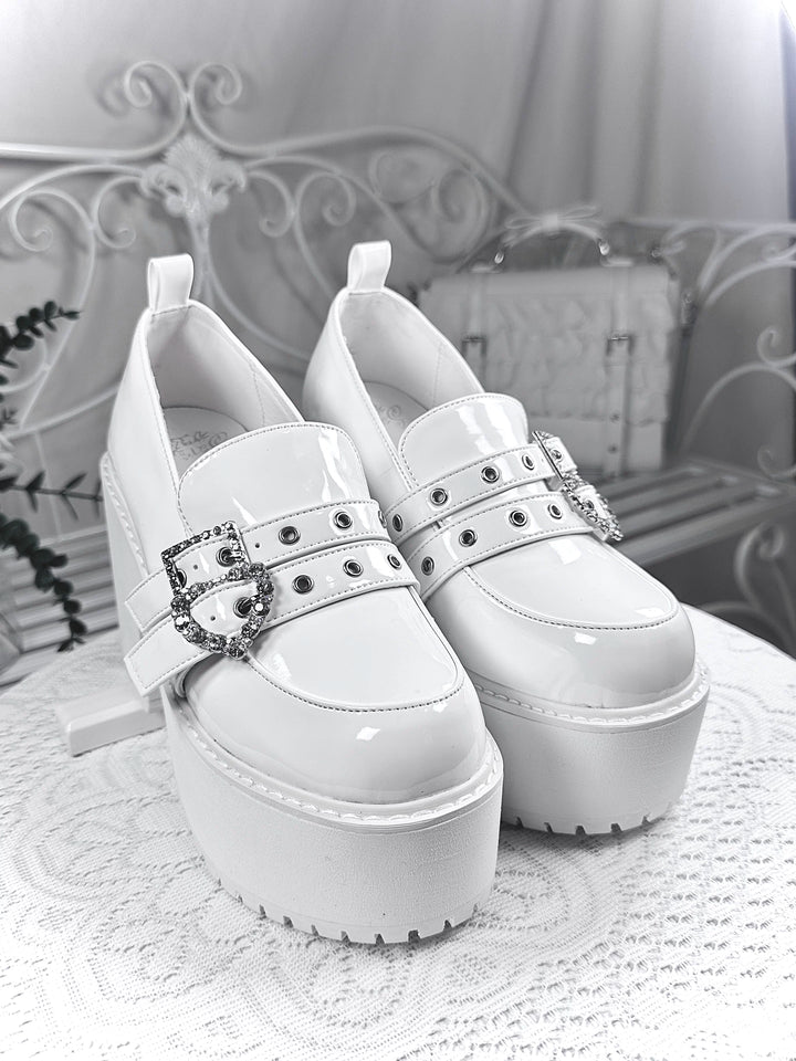 Punk Slip-on Platform Shoes, Heart Rhinestone Buckle Strap (White / 34 35 36 37 38 39 40 41) 45864:867048