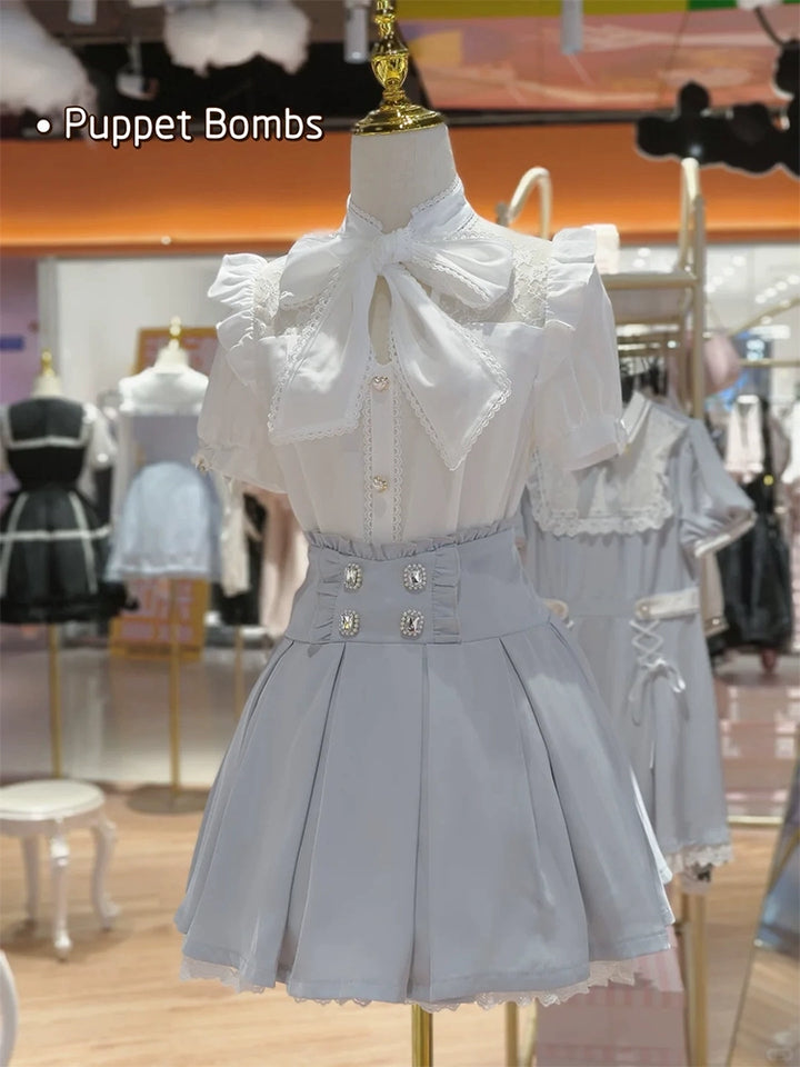 White Jirai Kei Blouse with Ribbon & Blue Pleated Skirt With Elastic Band 42979:760052