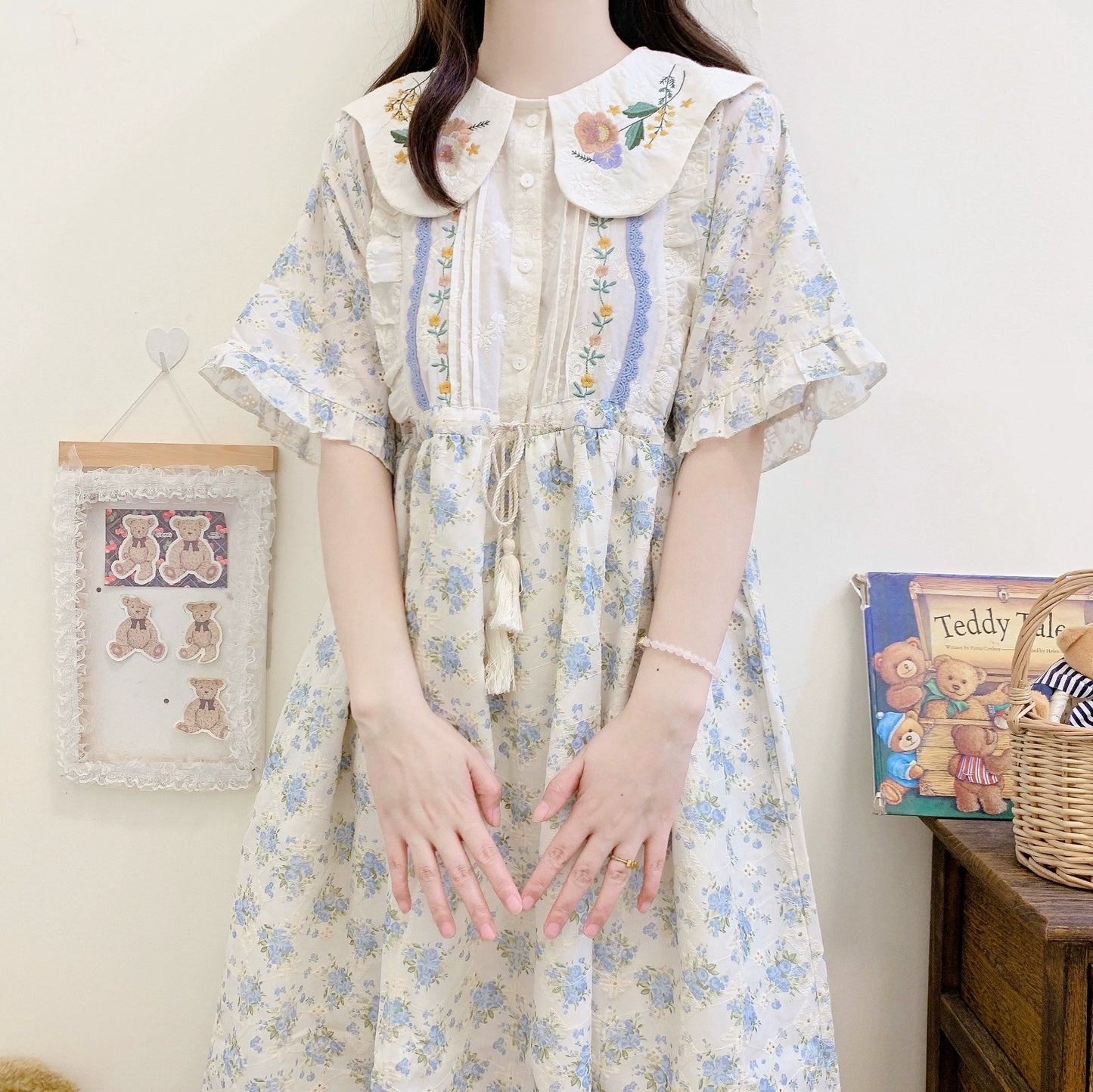 Cottagecore Dress Mori Kei Dress Blue Floral Dress 36236:526702