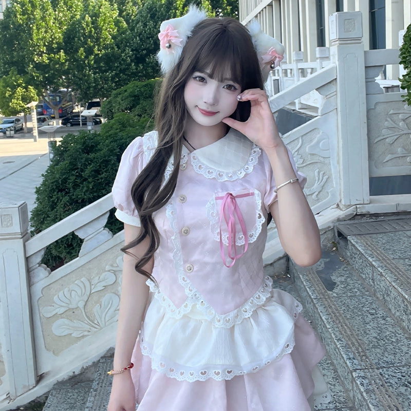 Kawaii Pink Outfit Set Sweet Tiered Skirt Set 37546:576766