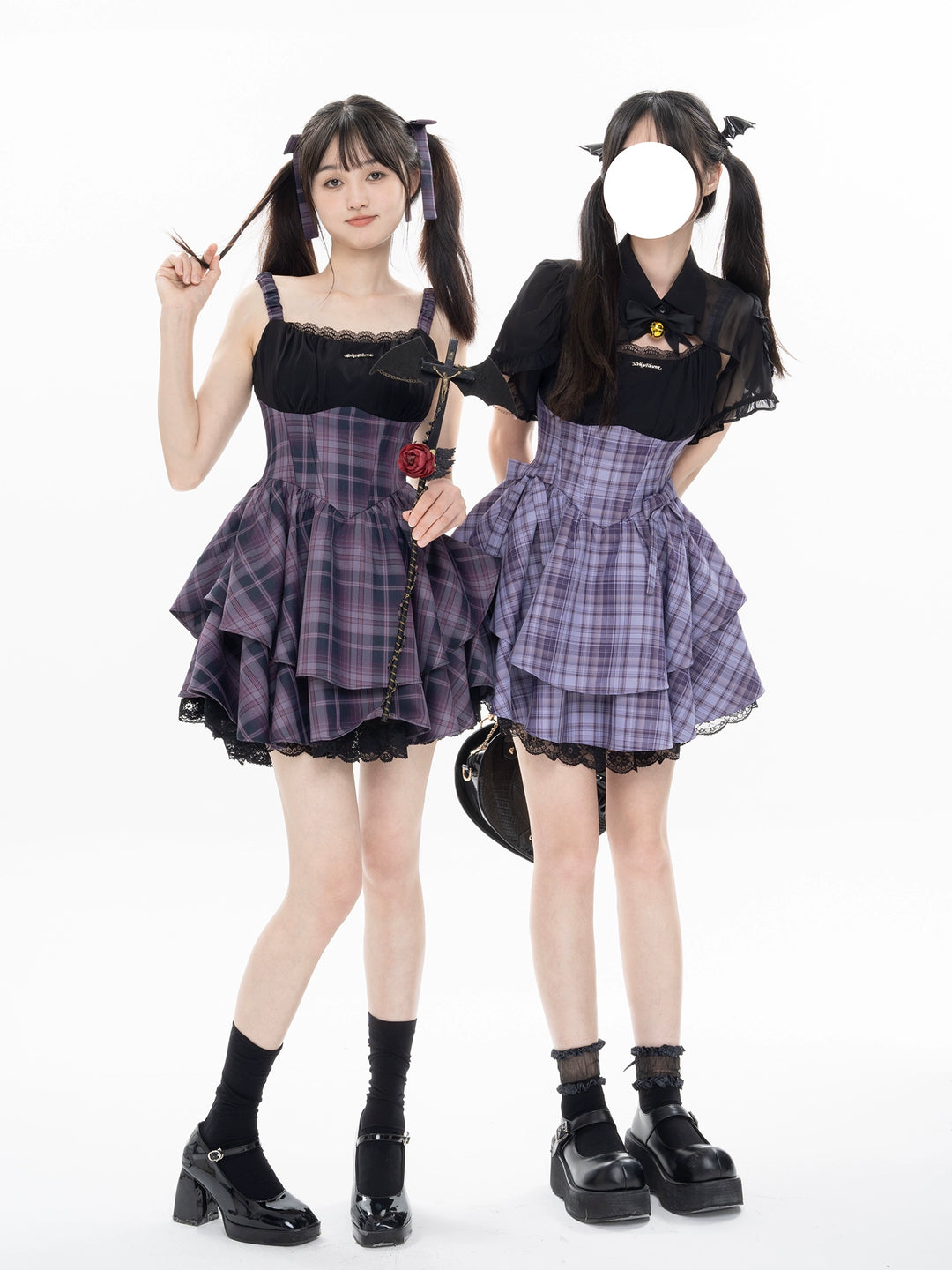 Kawaii Purple Plaid Onepiece Dress Black Bolero 22508:323442 22508:323442