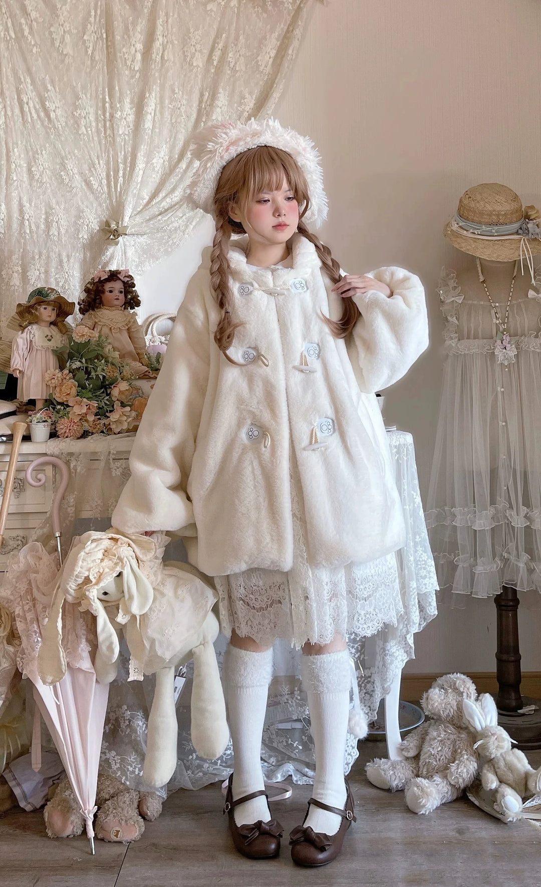 Sweet Lolita Coat Winter Fleece Hooded Coat Bunny Ears 41068:685714