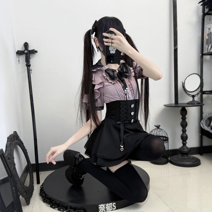 Chiffon Jirai Kei Blouse, Bow Collar 43784:785811