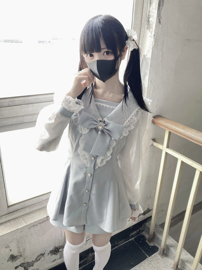 Jirai Kei Set Up Lace Sailor Collar Dress Gray Blue Dress 37638:566952