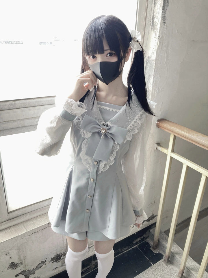 Jirai Kei Set Up Lace Sailor Collar Dress Gray Blue Dress 37638:566952 37638:566952