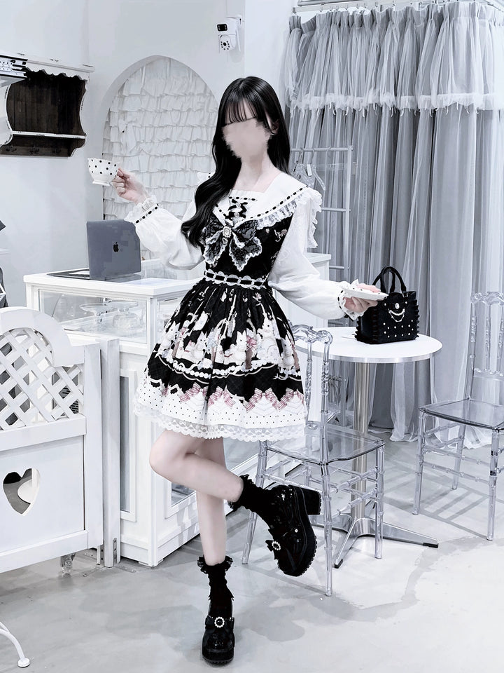 Sweet Lolita Sailor Collar OP Dress, Strawberry & Bunny Print 45872:872444