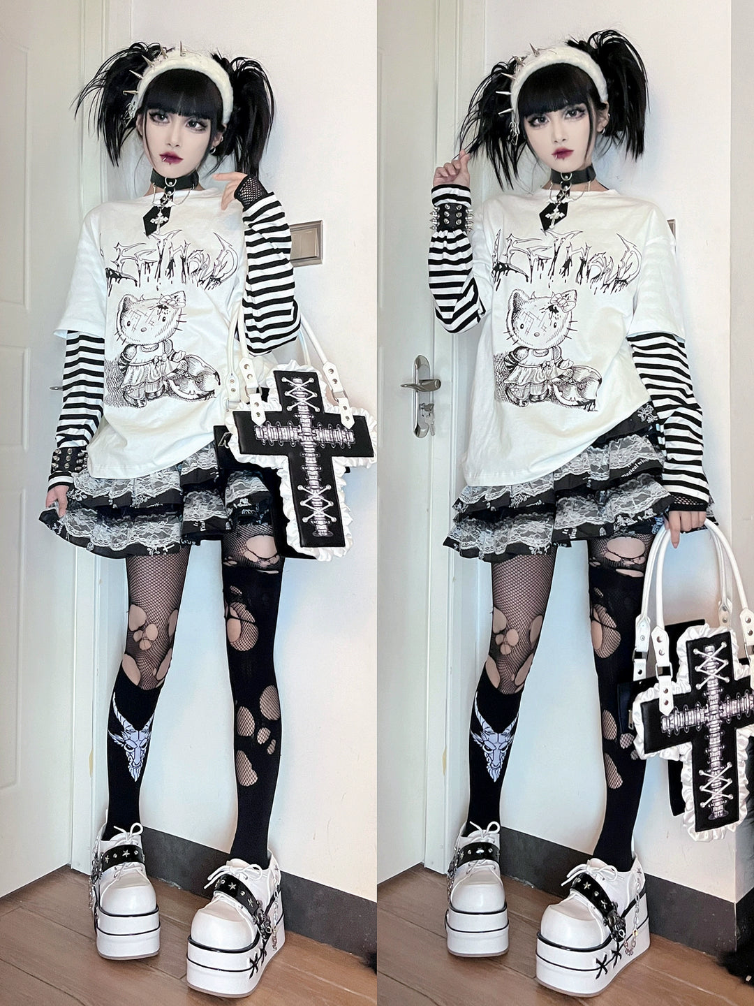 Punk Top Y2K Shirt False Two Striped Long Sleeve T-shirt 34484:538282 34484:538282