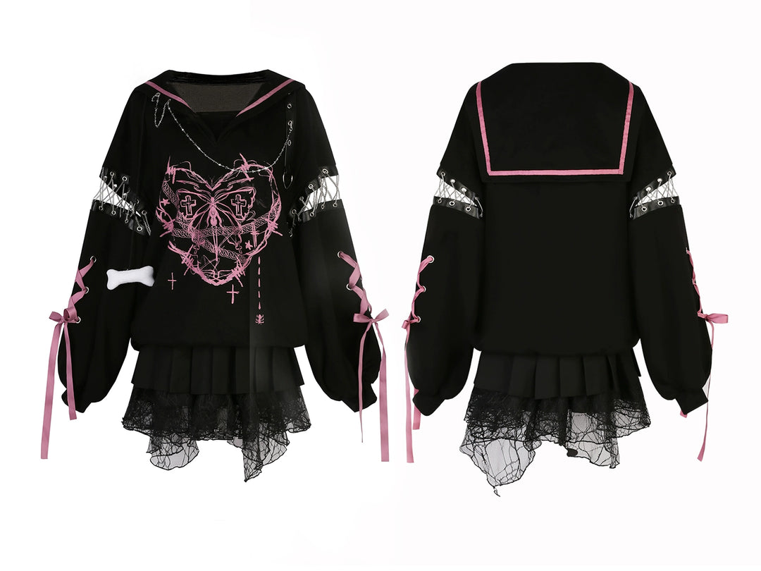 Jirai Kei Outfit Set Gothic Sailor Collar Hoodie Skirt Set 35762:517392