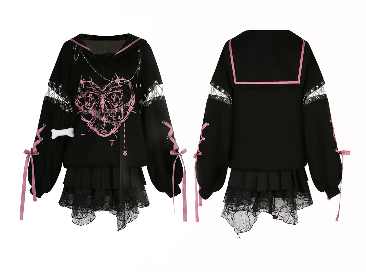 Jirai Kei Outfit Set Gothic Sailor Collar Sweatshirt Set 35762:517392