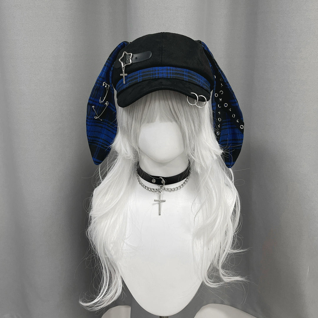 Plaid Punk Beret Hat, Bunny Ears, Safety Pins (M / Blue) 43833:786490