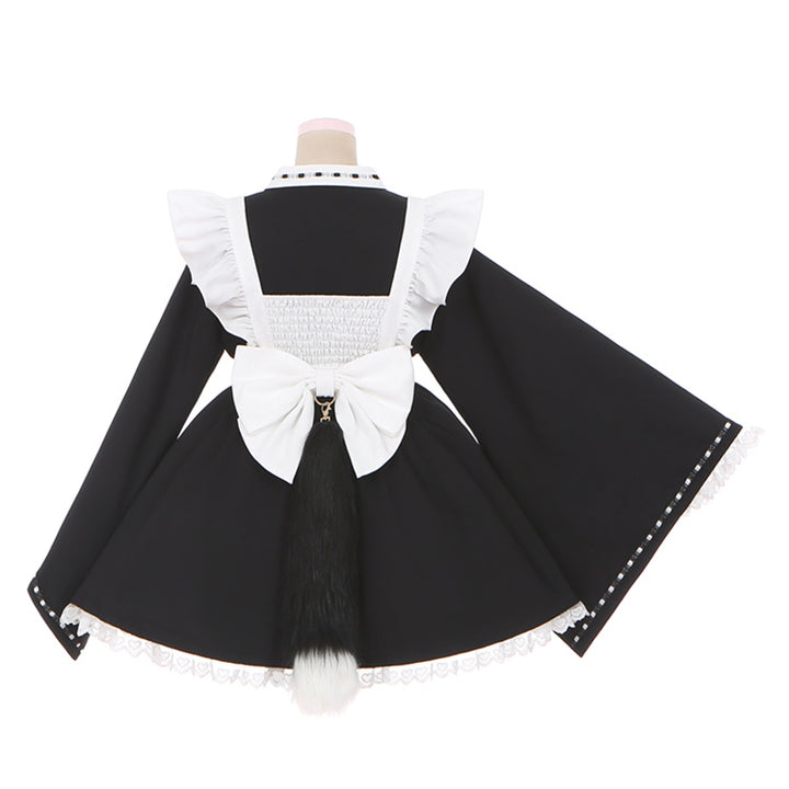 Kawaii Black Maid Blouse Flutter Sleeve Apron Suspender Skirt Set 42282:735172