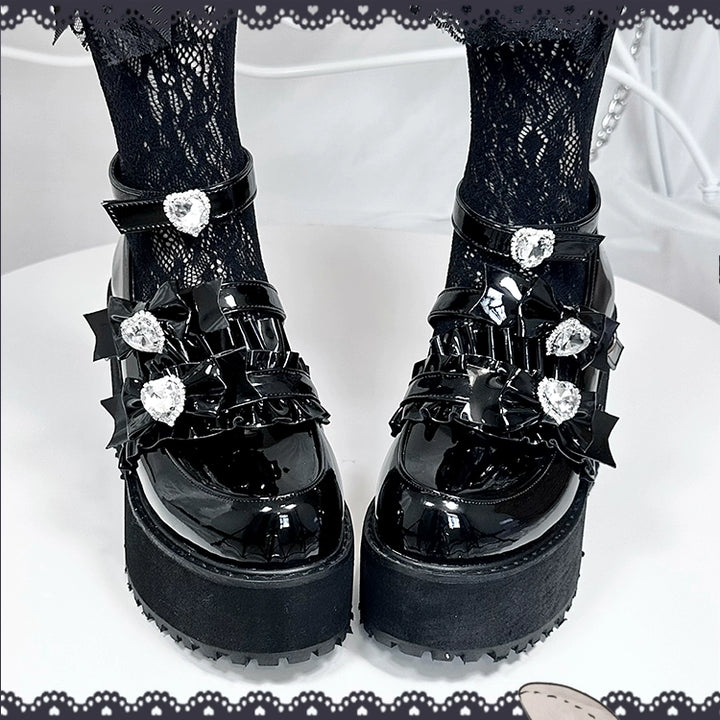 Jirai Kei Platform Shoes with Heart Rhinestone and Ruffle Trim Bow 41582:704378