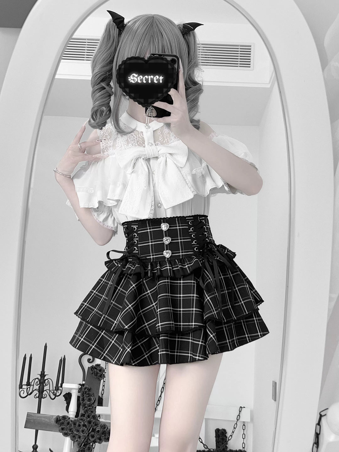 Solid Ryousangata Blouse, Lace Open-shoulder 44164:801564