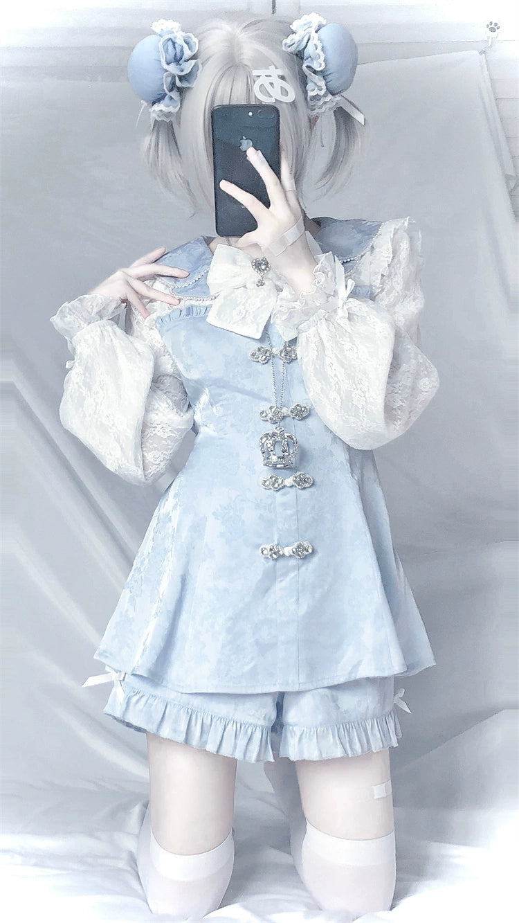 Jirai Kei Dress Long Lace Sleeve Petal Collar Chinese Style Dress Set (L M S XL / Blue) 34506:512486