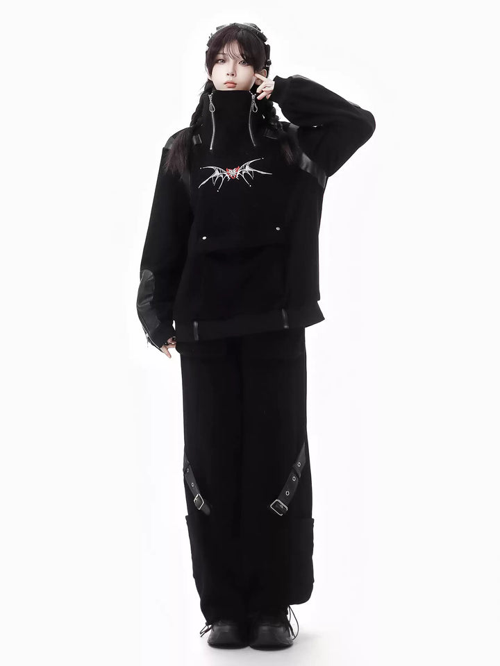 Punk Hoodie Pants Cape Skirt Fleece Lining Black Outfit 41112:694422