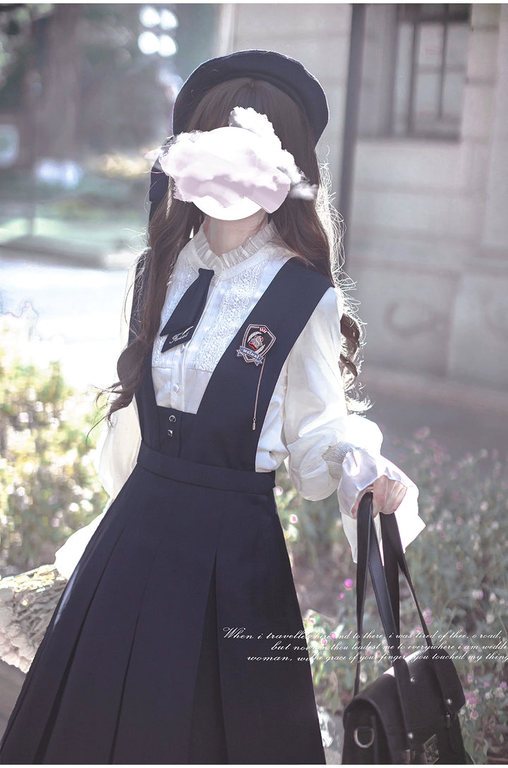Navy Preppy Style Jumper Dress + Chiffon Blouse 41452:779241