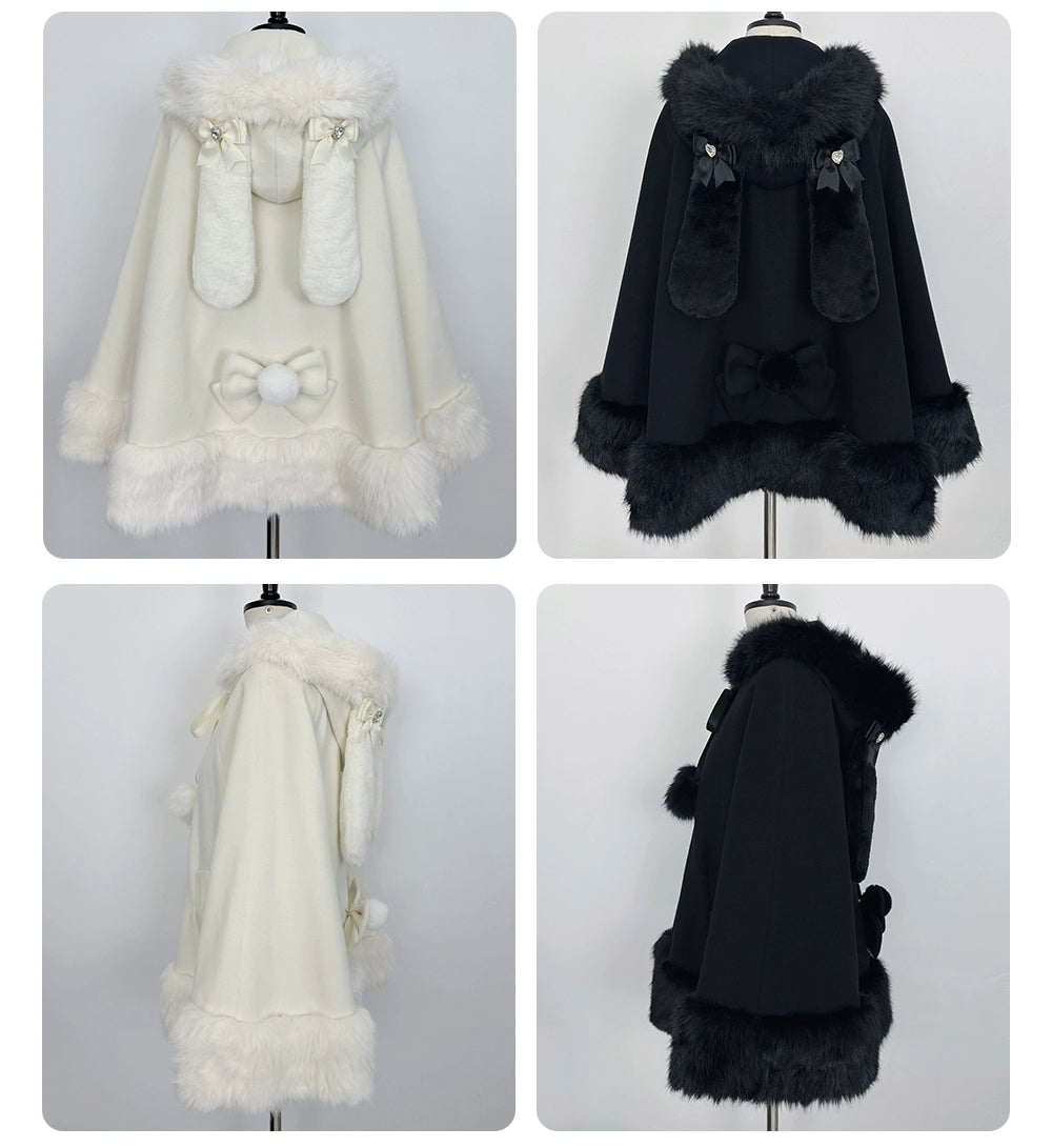 Jirai Kei Coat Bunny Ears Plush Collar Winter Hooded Cape 41894:717462