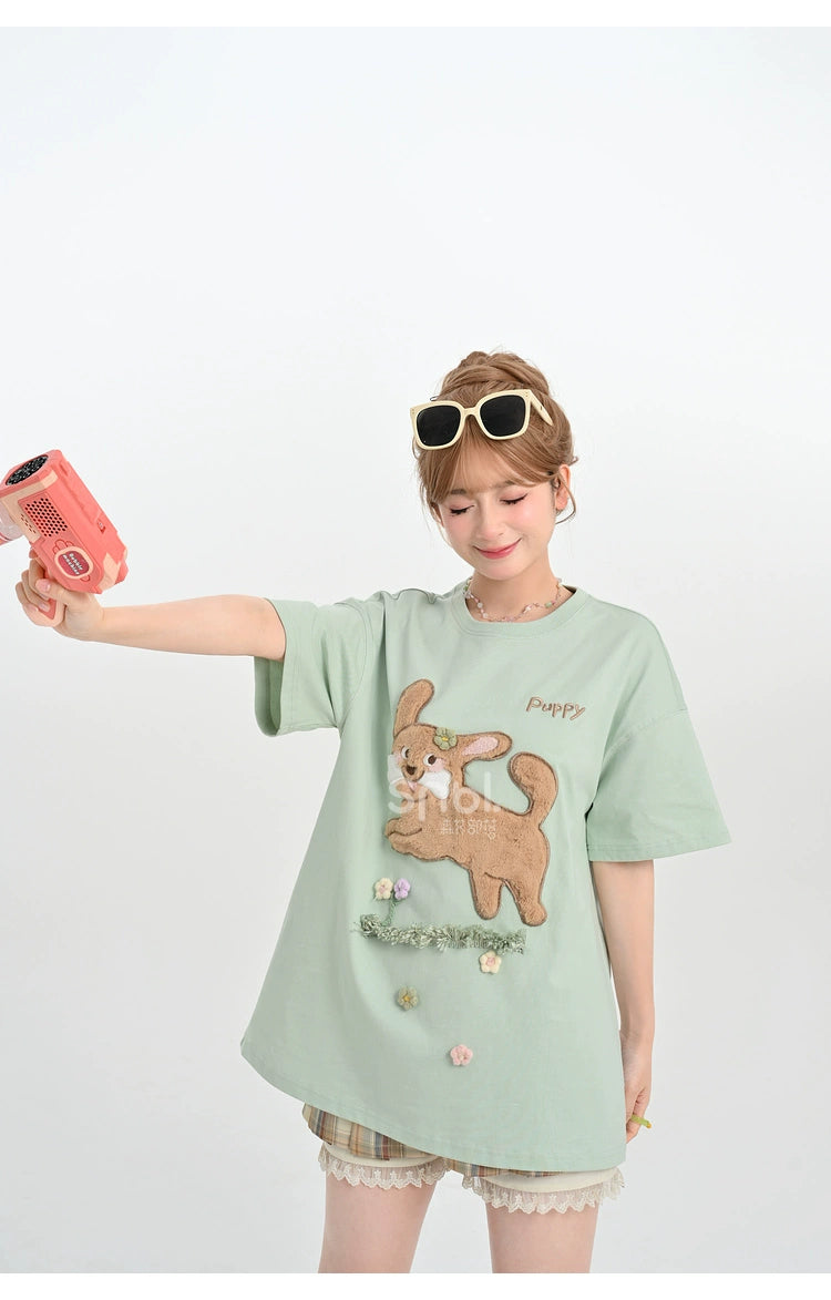Kawaii T-shirt Short Sleeves Cotton Top Patch Embroidery 35896:559578