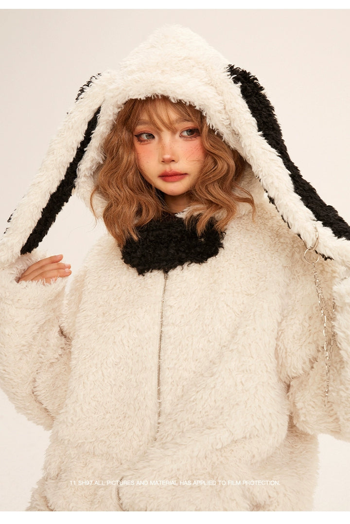 Kawaii White Coat Plush Rabbit Ear Hooded Coat 32398:423026 32398:423026