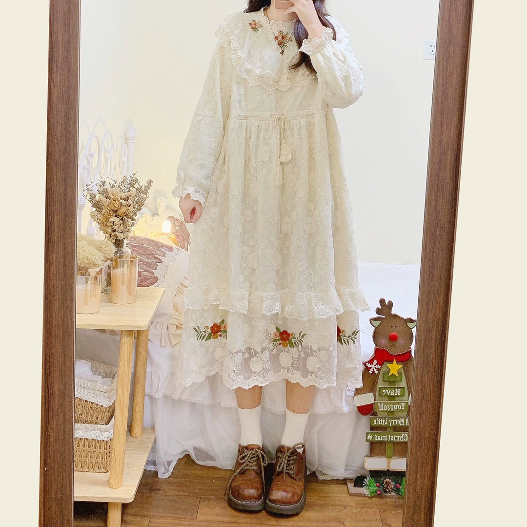 Mori Kei Dress Embroidered Lace Long Sleeve Apricot Dress 39438:640614