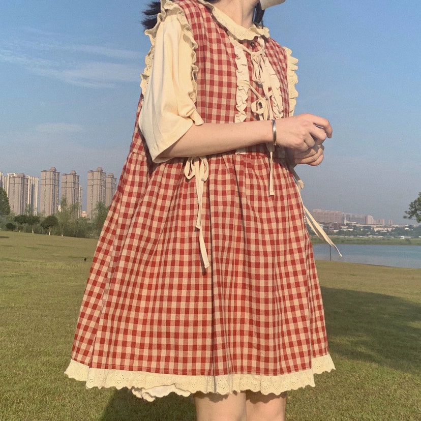 Kawaii Dress Mori Kei Dress Plaid Vest Dress Cotton Linen Dress 36450:523380 36450:523380