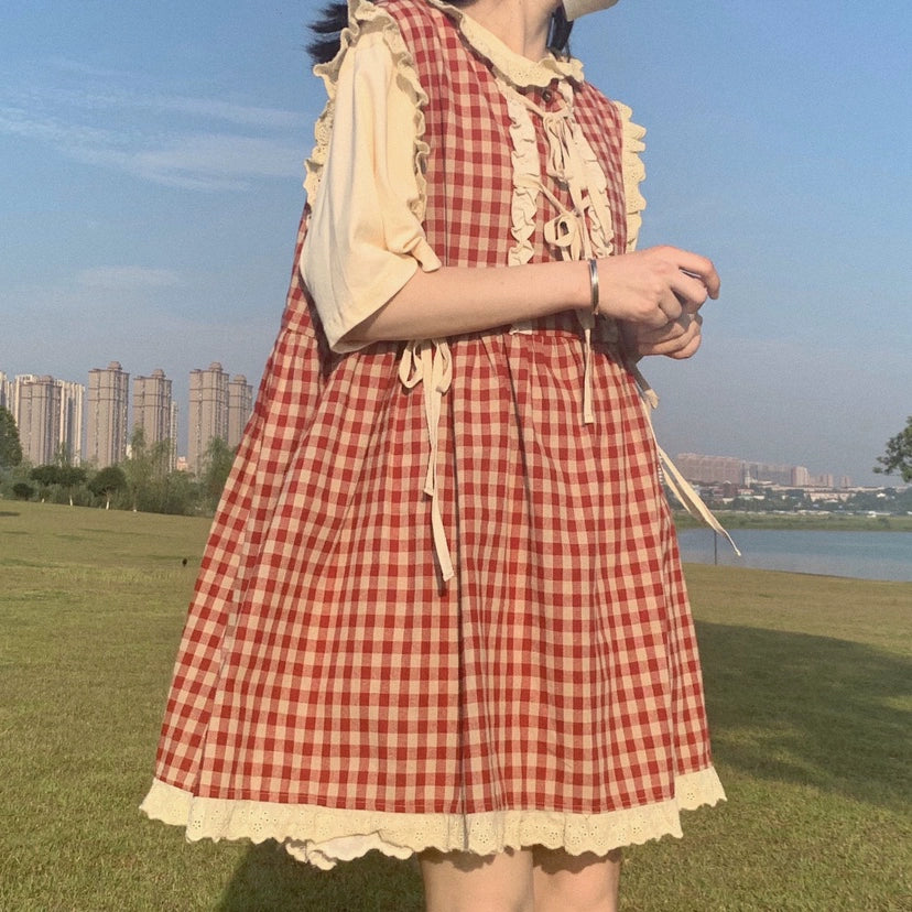 Kawaii Dress Mori Kei Dress Plaid Vest Dress Cotton Linen Dress 36450:523380