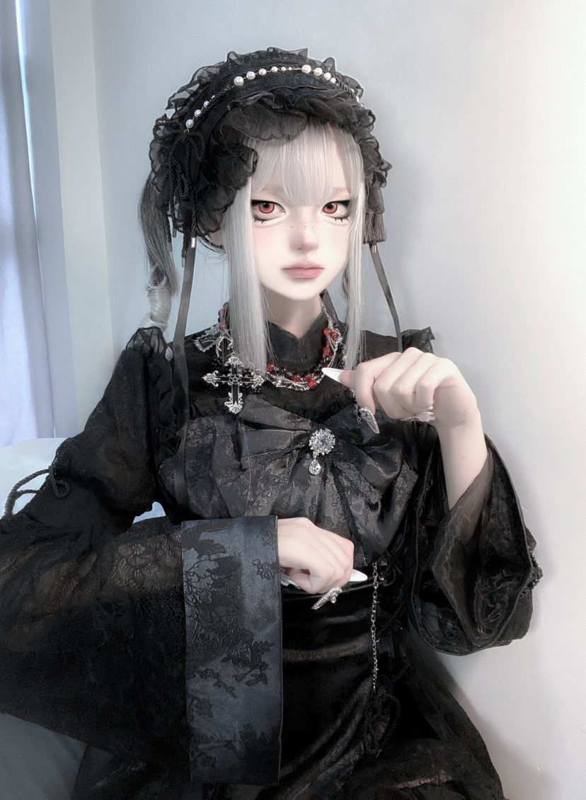 Jirai Kei Dress Set Chinese Style Lace Suit Short Sleeve Dress (L M S XL) 35598:500480